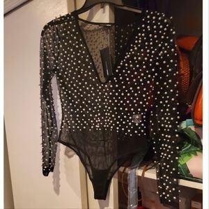 Mesh Black Bodysuit with Pearl Embellishments